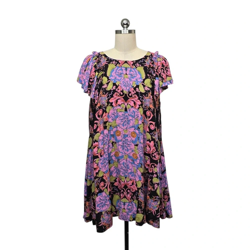 Free People Floral Paisley Ruffle Sleeve Mini Dress Black Pink Size Small